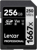 Lexar Professional 1667x SD Card 256GB, SDXC UHS-II Memory Card, Up to 250MB/s Read, 120MB/s Write, Class 10, U3, V60 SD for Professional Photographer, Videographer, Enthusiast (LSD256CB1667)