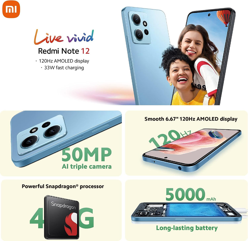 Xiaomi Redmi Note 12 Smartphone, 4+128GB, Onyx Grey(UK Version + 2 Years Warranty)