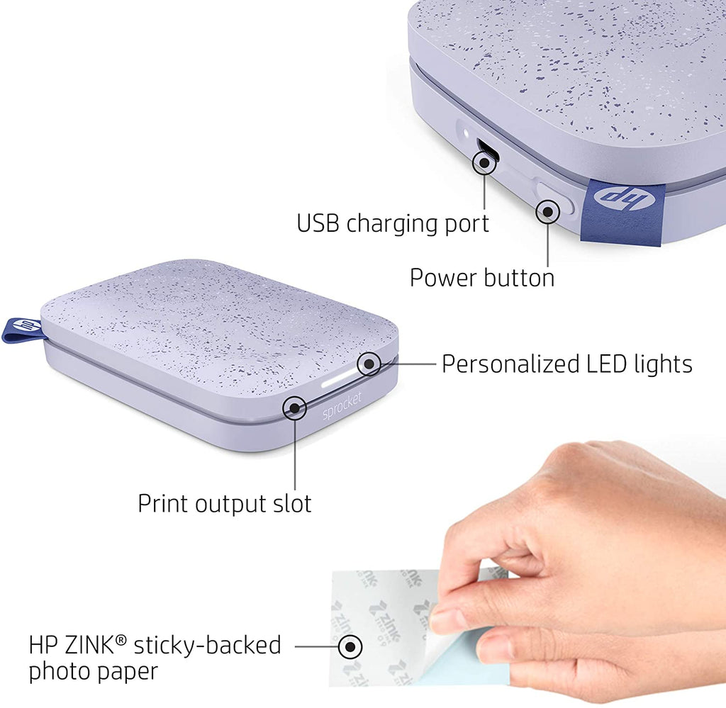 HP Sprocket Portable 2x3 inch Instant Photo Printer (Lilac) Print Pictures on Zink Sticky-Backed from your iOS & Android Device