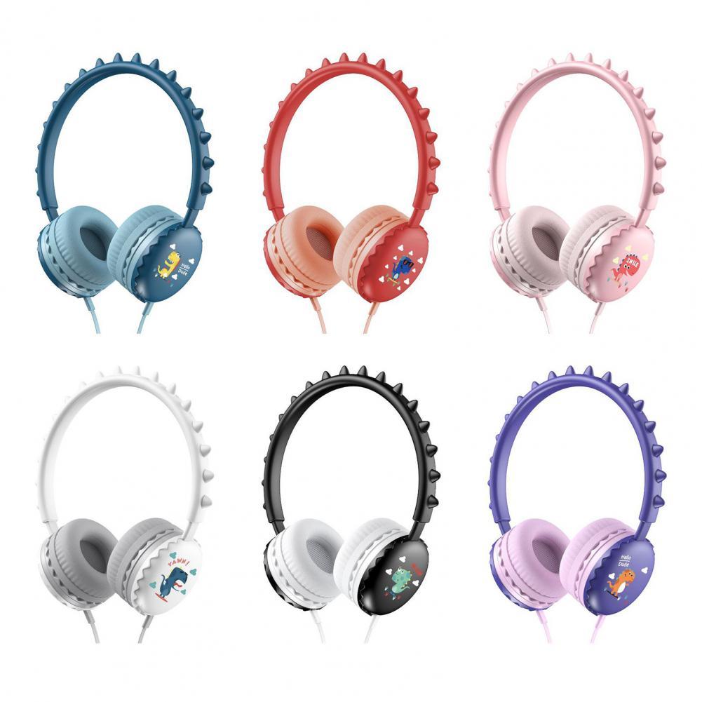 Unisex Macaron Color Wired Headphone Universal 3.5mm Cartoon Cute Dinosaur Over Ear Headset for Mobile Phone Birthday Gift